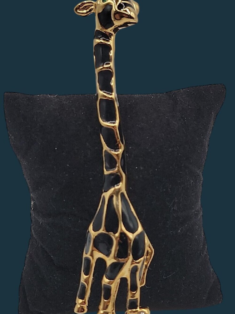 Giraffe Brooch Pin Gold Tone Black Enamel Spots Green Rhinestone Eye - Picture 2 of 11